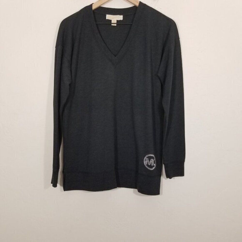 MICHAEL Michael Kors V-Neck Pullover Long Sleeve Shirt Top Gray Size M